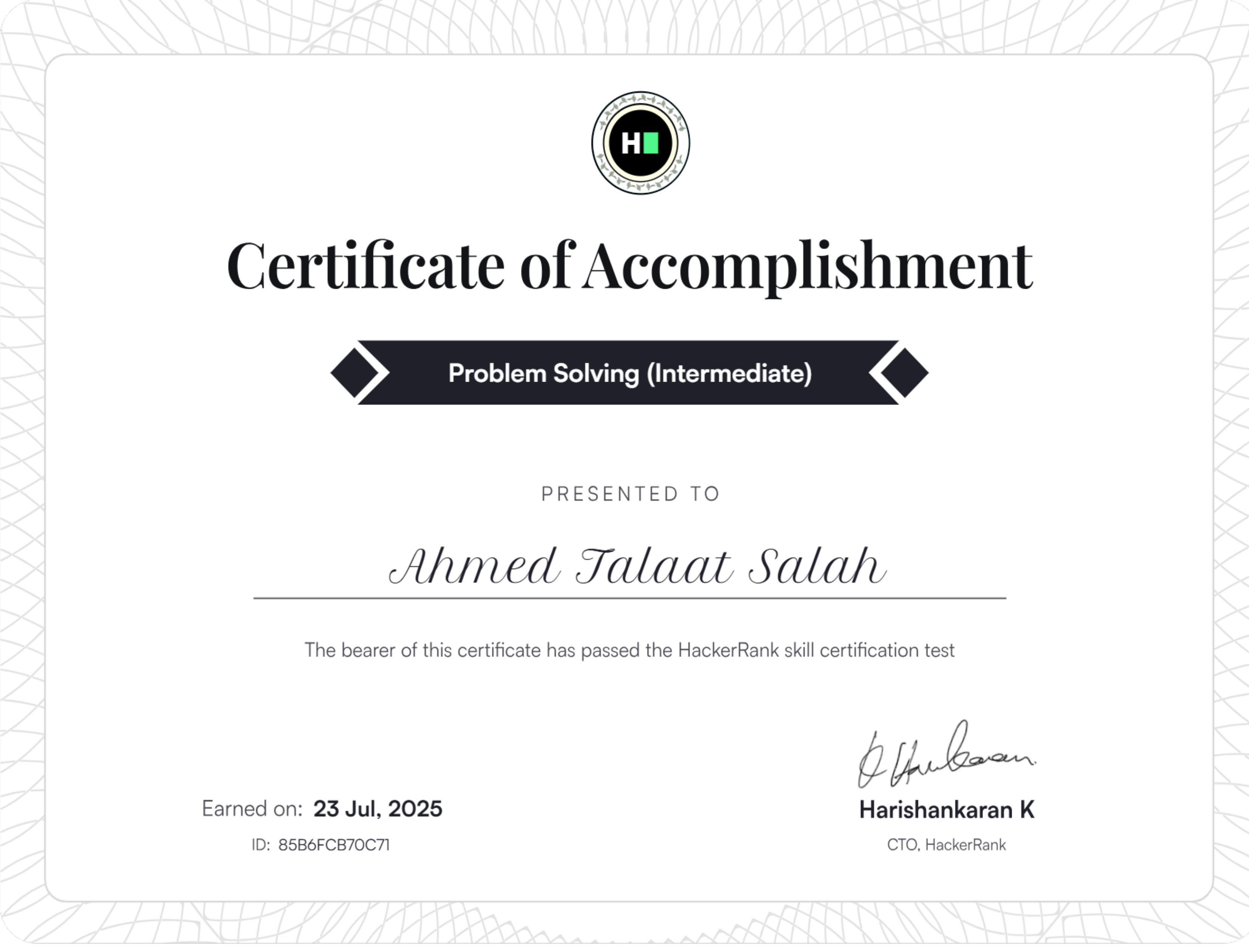 HackerRank Problem Solving Intermediate Certificate